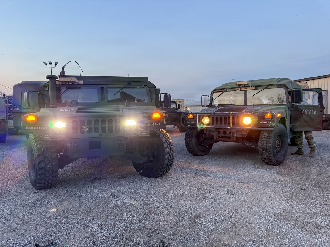 Soldiers of the 103rd Brigade Support Battalion, 38th Infantry Division Artillery conduct preventative maintenance prior to departing Harrodsburg, Kentucky, March 20, 2026.