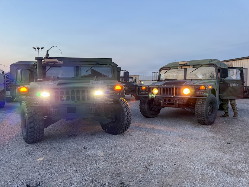 Soldiers of the 103rd Brigade Support Battalion, 38th Infantry Division Artillery conduct preventative maintenance prior to departing Harrodsburg, Kentucky, March 20, 2026.