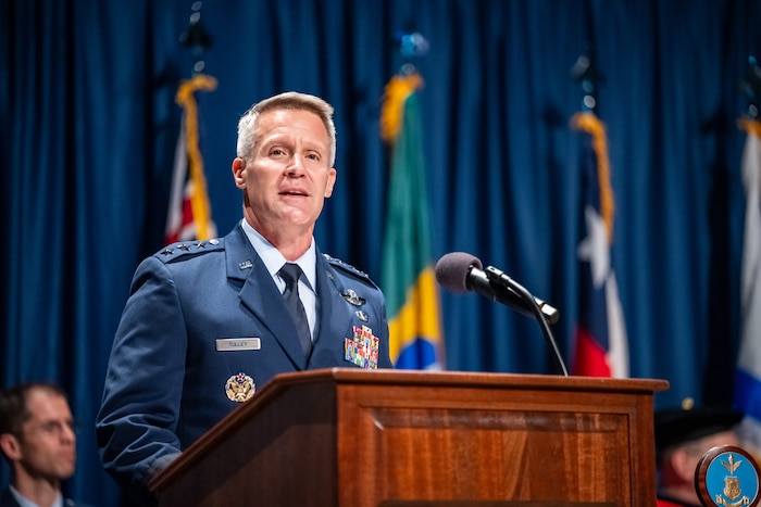 Lt. Gen. Daniel Tulley, Air University commander and president, speaks at the Air Force Institute of Technology commencement ceremony March 30, 2026, at Wright-Patterson Air Force Base, Ohio, March 30, 2026.