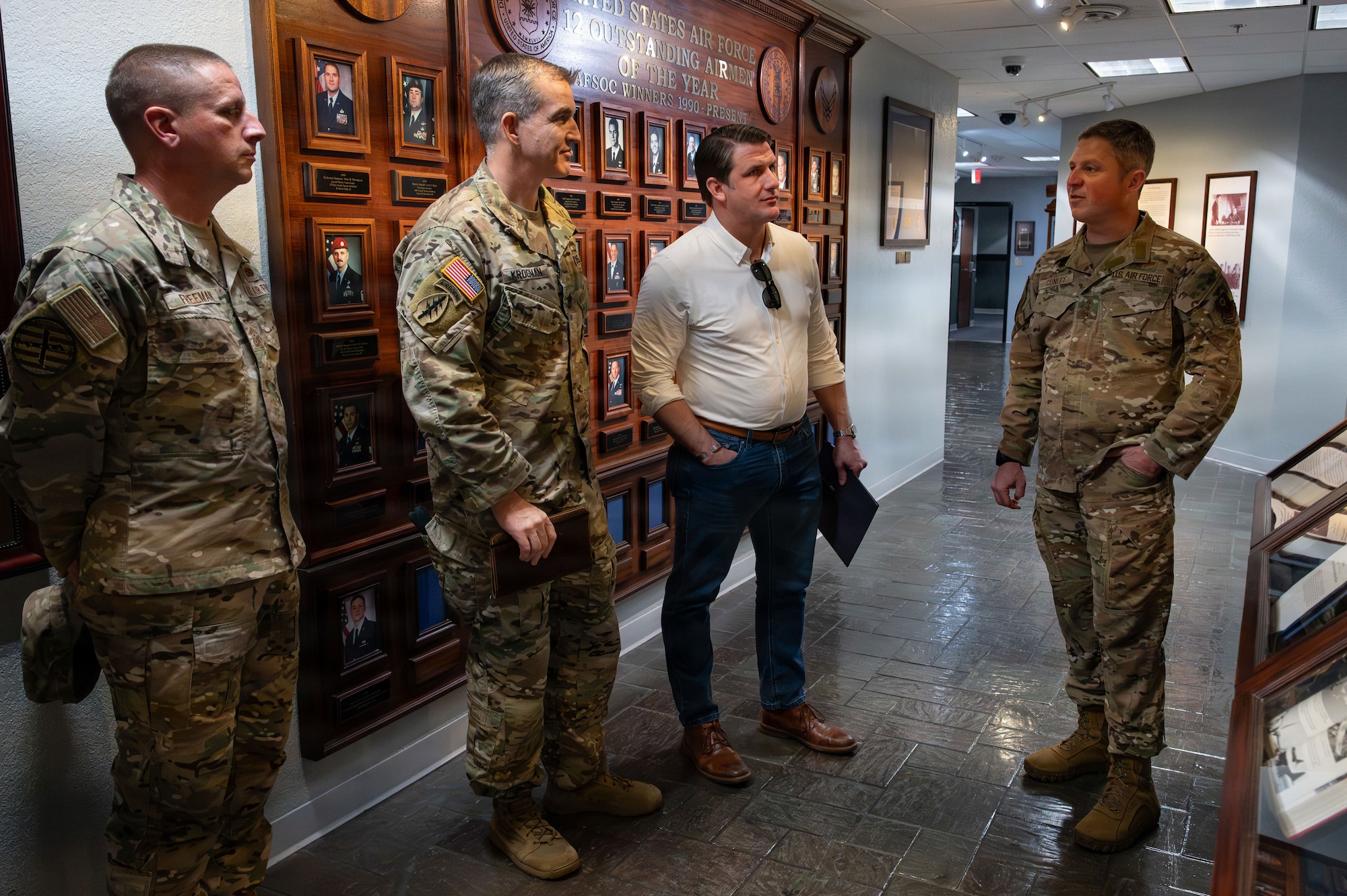 Lt. Gen. Mike Conley, AFSOC commander and Chief Master Sgt. Courtney Freeman, AFSOC command chief, discuss AFSOC’s history with Command Sgt. Maj. Andrew Krogman, USSOCOM senior enlisted leader, and Derrick Anderson, Assistant Secretary of War for Special Operations and Low-Intensity Conflict.