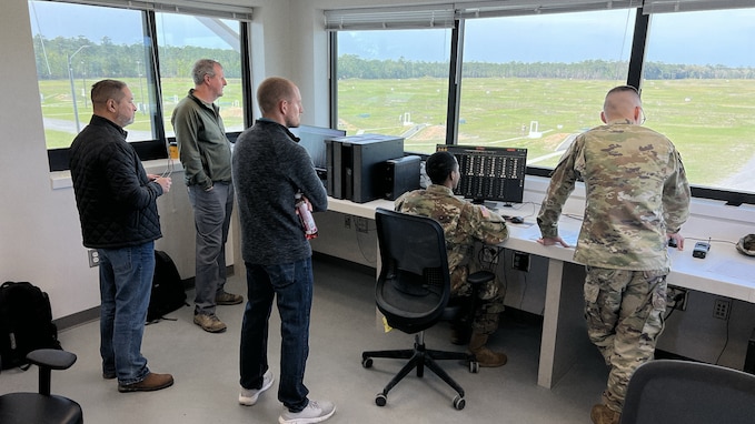 Georgia Army National Guard Soldiers from the 122nd Tactical Support Detachment test the new Targetry Range Automated Control and Recording (TRACR) II software at a small arms live-fire range April 2, 2022 in Fort Stewart, Ga.  The feedback gathered from units that use the software over a 120-day period will be used to improve the system before implementation throughout the Army.