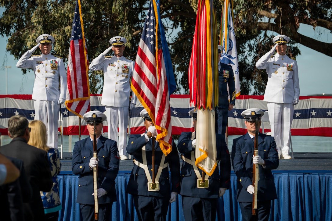 Members of the Base Alameda color guard present colors during the Coast Guard Pacific Area assumption of command ceremony, March 26, 2026, at Coast Guard Island, Alameda, California. The ceremony formally confirmed Vice Adm. Joe Buzzella as the commander of Coast Guard Pacific Area and Defense Force West. (U.S. Coast Guard photo by Petty Officer 3rd Class Kenneth Wiese)