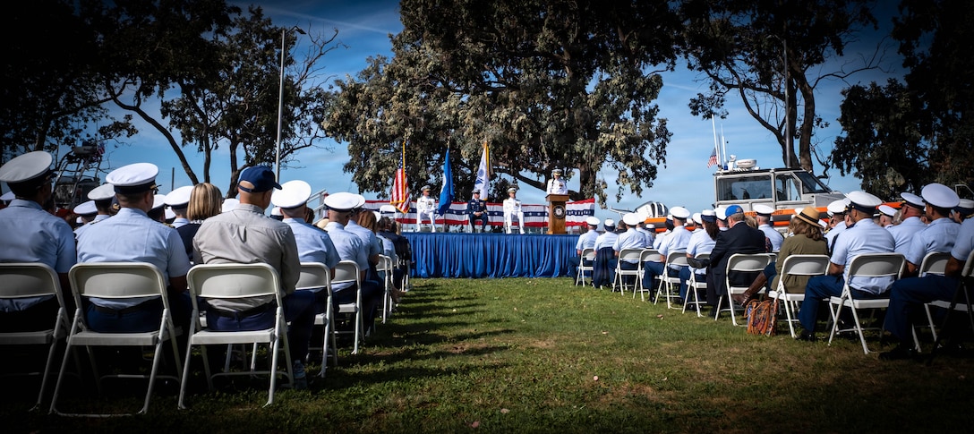 U.S. Coast Guard members and guests attend an assumption of command ceremony, March 26, 2026, at Coast Guard Island, Alameda, California. The ceremony formally marked Vice Adm. Joe Buzzella as the commander of Coast Guard Pacific Area and Defense Force West. (U.S. Coast Guard photo by Petty Officer 3rd Class Charlie Valor)
