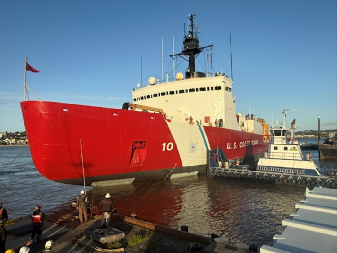 Coast Guard Cutter Polar Star undocking at Mare Island Dry Dock in Vallejo, California. U.S. Coast Guard photo.