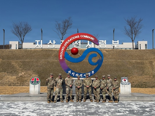 U.S. Army Soldiers from the 17th Sustainment Brigade, Nevada National Guard, pose for a photo at the Republic of Korea Army Ground Operations Command, South Korea, March 19, 2026.