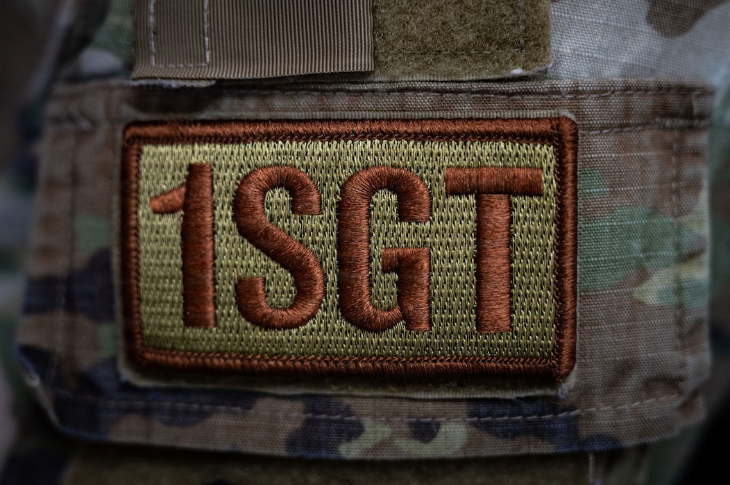 The first sergeant duty identifier patch is displayed on a uniform at RAF Mildenhall, England, March 27, 2026.