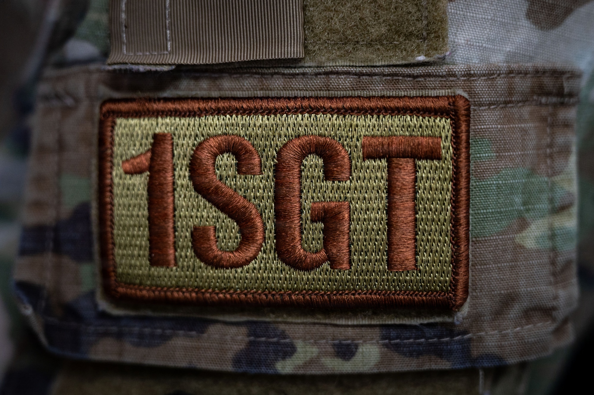 The first sergeant duty identifier patch is displayed on a uniform at RAF Mildenhall, England, March 27, 2026.