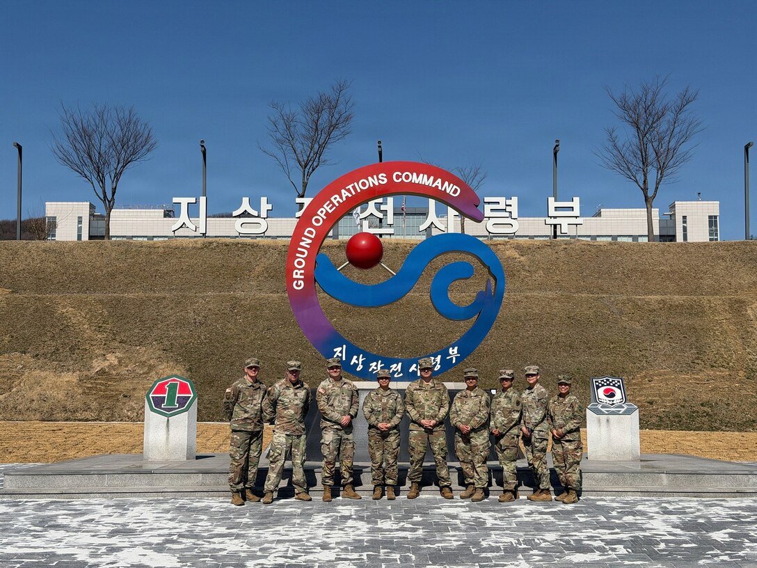 U.S. Army Soldiers from the 17th Sustainment Brigade, Nevada National Guard, pose for a photo at the Republic of Korea Army Ground Operations Command, South Korea, March 19, 2026.