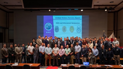Attendees pose for a group photo at the U.S. Forces Japan Law Enforcement Symposium April 22, 2026, at the New Sanno Hotel in Tokyo, Japan.