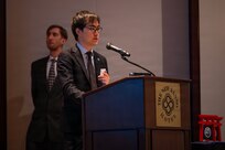 Yuhei Iwata, a Japan Customs official, speaks at the U.S. Forces Japan Law Enforcement Symposium April 22, 2026, at the New Sanno Hotel in Tokyo, Japan.