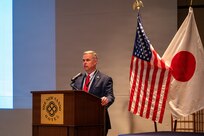 U.S. Air Force Col. David Mays, U.S. Forces Japan Protection director, speaks at the USFJ Law Enforcement Symposium April 22, 2026, at the New Sanno Hotel in Tokyo, Japan.