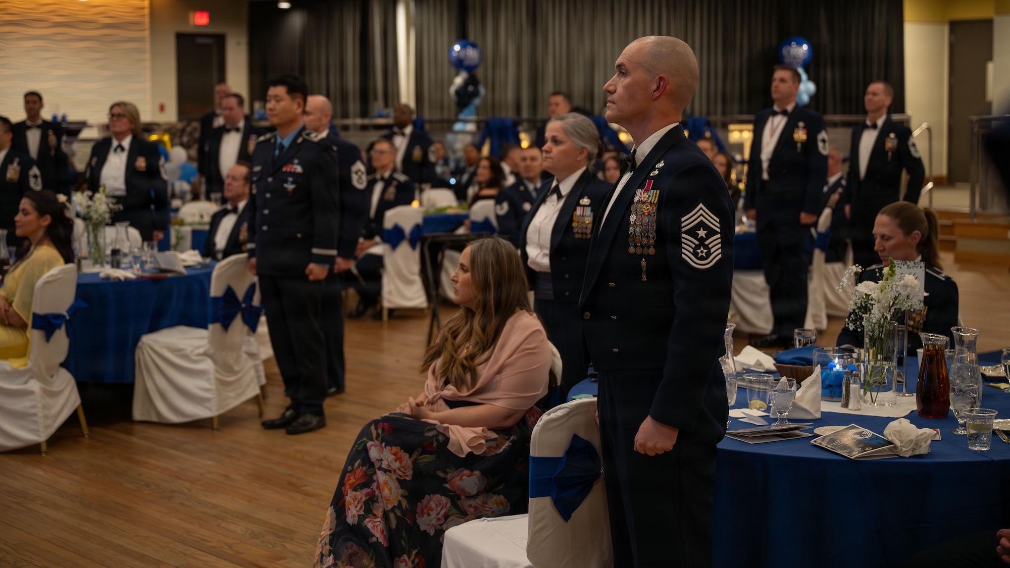U.S. Air Force Chief Master Sgt. Carl Vogel, foreground, 51st Fighter Wing command chief, stands alongside other chiefs during a chief master sergeant recognition ceremony at Osan Air Base, Republic of Korea, April 24, 2026. The event highlighted the importance of senior enlisted leadership in guiding Airmen and sustaining mission readiness across the installation. (U.S. Air Force photo by Senior Airman Rome Bowermaster)