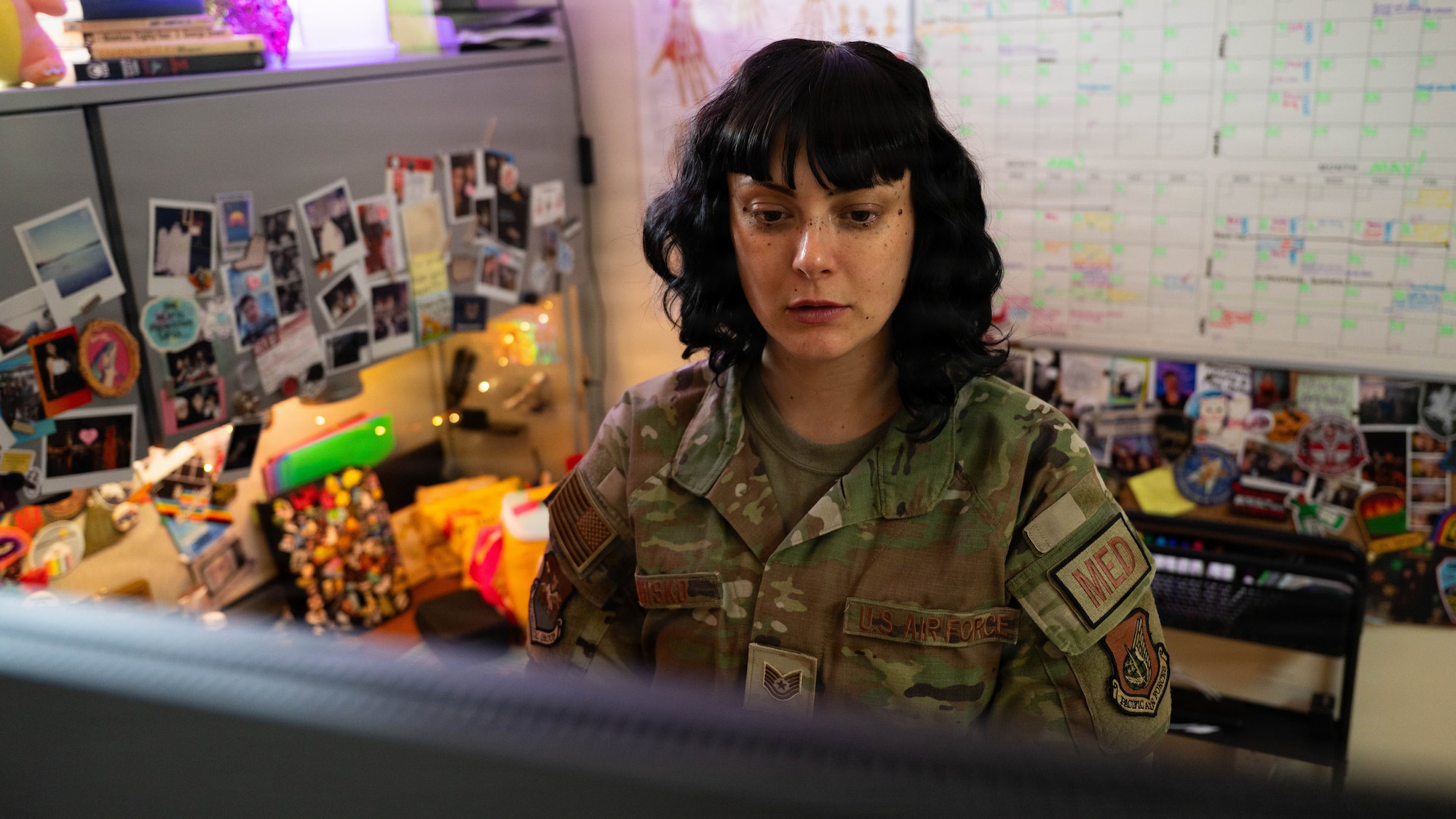 U.S. Air Force Tech. Sgt. Maegan Evanisko, 51st Medical Group education and training flight noncommissioned officer in charge, schedules medical training classes at Osan Air Base, Republic of Korea, April 29, 2026. Evanisko coordinates training requirements to ensure medical personnel remain qualified, certified and mission ready. (U.S. Air Force photo by Airman 1st Class Megan Cusmano)