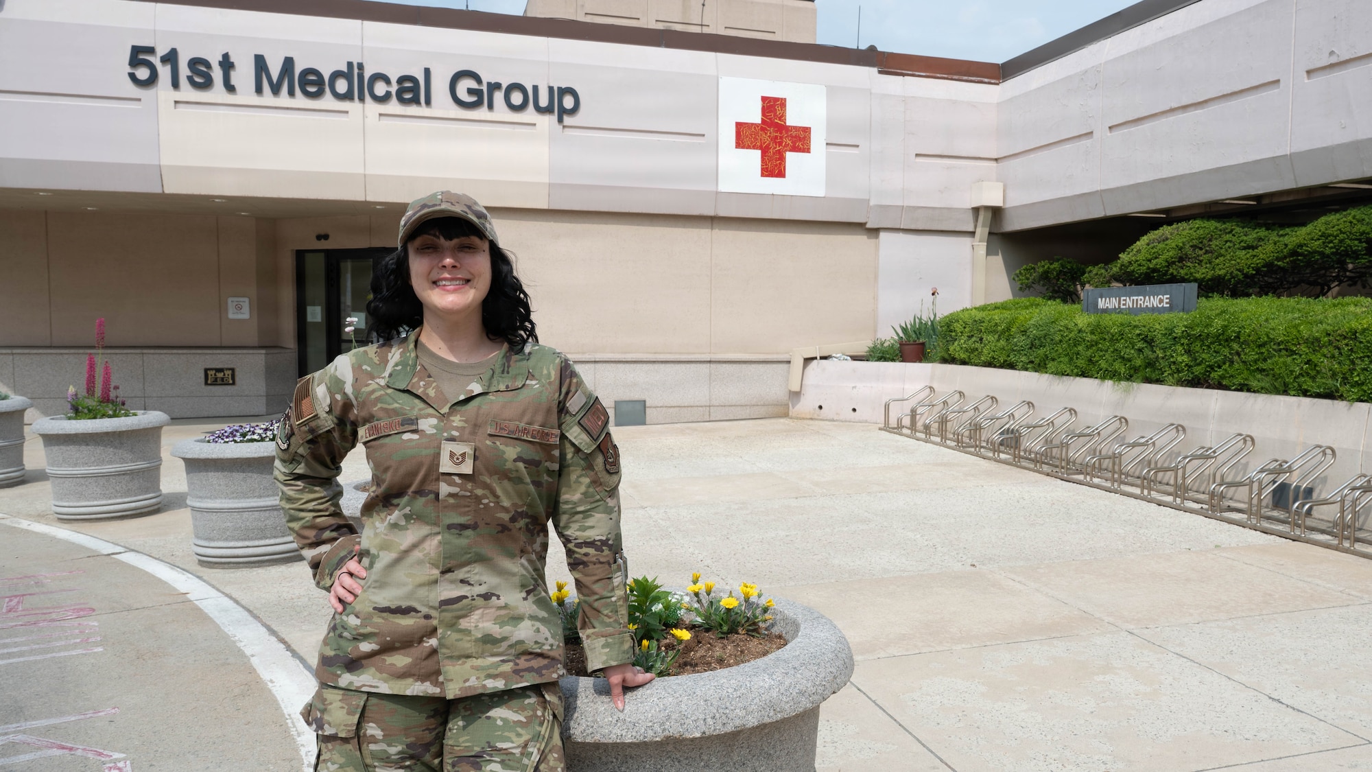 U.S. Air Force Tech. Sgt. Maegan Evanisko, 51st Medical Group education and training flight noncommissioned officer in charge, poses for a photo at Osan Air Base, Republic of Korea, April 29, 2026. Evanisko was recognized as Mustang of the Week for her dedication to ensuring medical personnel across Osan remain trained, certified and ready to provide patient care. (U.S. Air Force photo by Airman 1st Class Megan Cusmano)