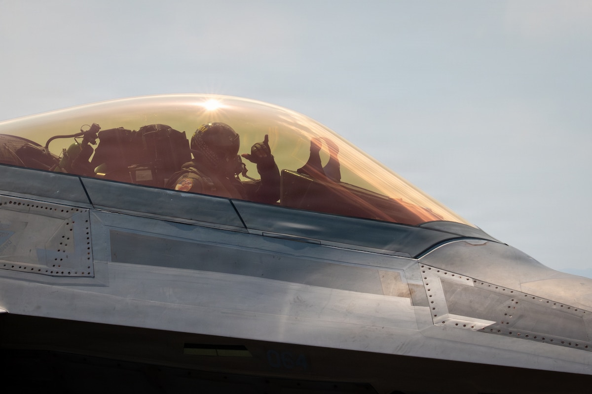 An F-22 Raptor pilot assigned to the 199th Air Expeditionary Squadron taxis for a training sortie during exercise Cope Thunder 26-1 at Basa Air Base, Philippines, April 8, 2026. The exercise enhances interoperability and regional security in the Indo-Pacific. (U.S. Air National Guard photo by Senior Master Sgt. Mysti Bicoy)