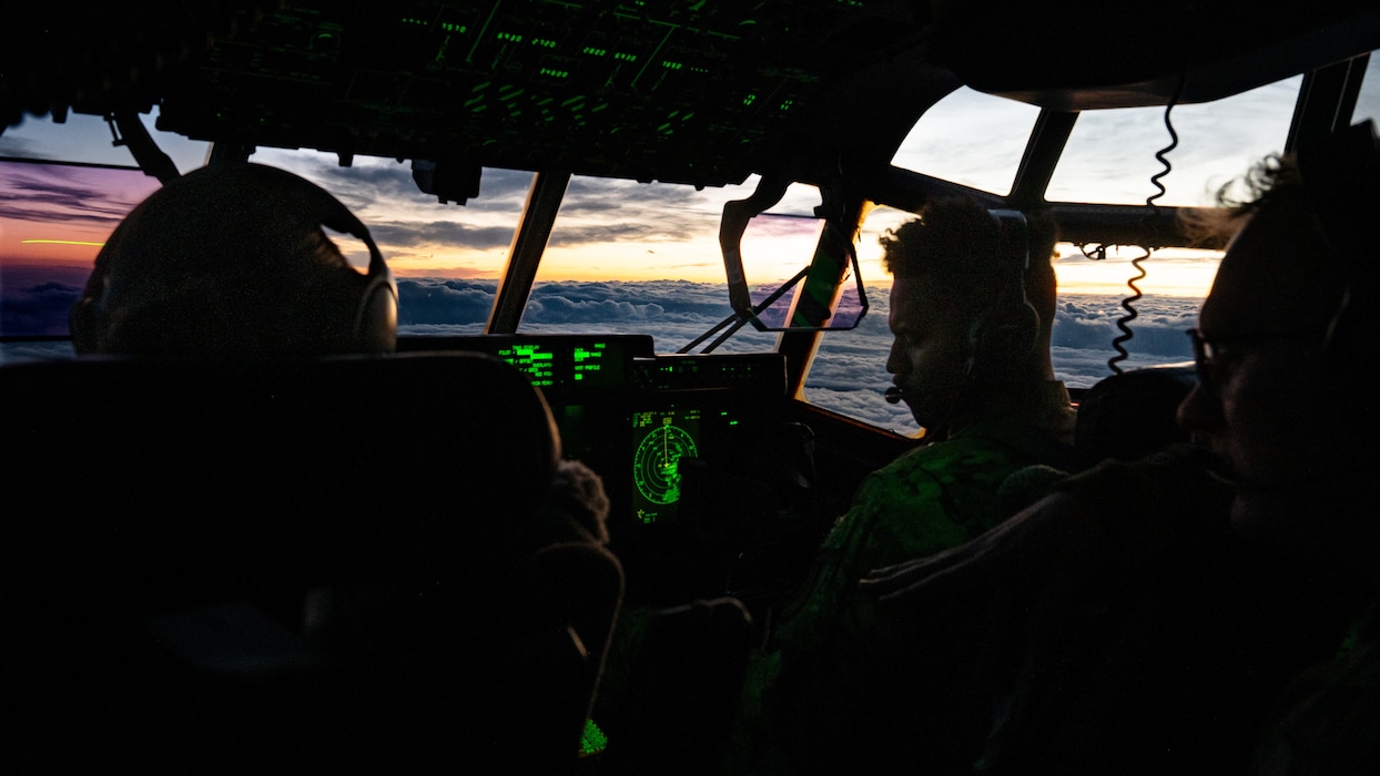 Capt. Madeleine Knapp, 1st Lt. Dallion Richards and Capt. John Toohey, 40th Airlift Squadron pilots, monitor flight controls aboard a C-130J Super Hercules during a Maximum Endurance Operation in support of exercise Balikatan near Clark Air Base, Philippines, April 17, 2026. The exercise strengthens alliance readiness and combined operations. (U.S. Air Force photo by Senior Airman Jade M. Caldwell)
