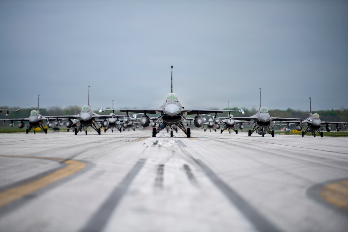 F-16 Fighting Falcons assigned to the 180th Fighter Wing conduct an elephant walk during a Combat Readiness Inspection in Swanton, Ohio, April 26, 2026. The inspection evaluates unit capability, efficiency and mission readiness. (U.S. Air National Guard photo by Senior Master Sgt. Beth Holliker)