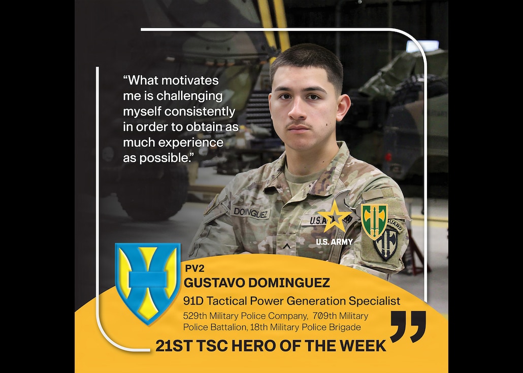 Meet Pvt. Gustavo Dominguez, a 91D Tactical Power Generation Specialist with the 529th Military Police Company, 709th Military Police Battalion, 18th Military Police Brigade.