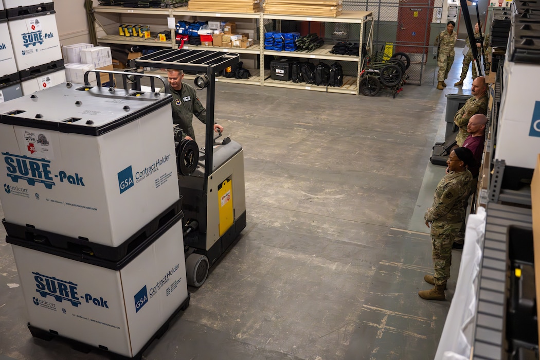 U.S. Air Force Col. Richard Kind, 97th Air Mobility Wing commander, operates a forklift during an Altus Medical Group “Boots on the Ground” immersion tour at Altus Air Force Base, Oklahoma, April 24, 2026. The tour highlighted the behind-the-scenes support required to keep the wing’s medical mission running safely and effectively. (U.S. Air Force photo by Airman 1st Class Nathan Langston)