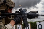 A Tactical Air Control Party Airman with Detachment 2, 6th Combat Training Squadron, fires an M4 carbine during small arms qualification at Joint Base San Antonio–Camp Bullis, Texas, April 10, 2026. Training ensures combat readiness across firing positions and distances. (U.S. Air Force photo by Melissa Hydrick)