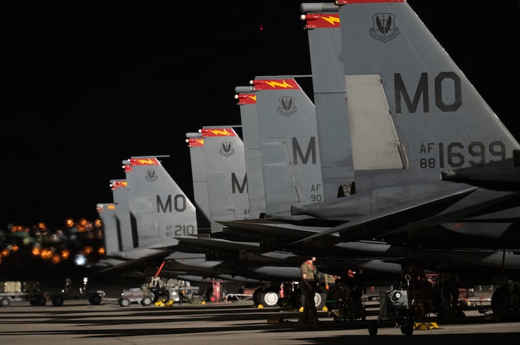 F-15E Fighter Jets lined up on a flightline
