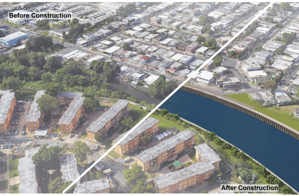 USACE announces historic $1 billion award for
Contract 3 of the Río Puerto Nuevo Flood Risk Management Project: Río Puerto Nuevo Flood Risk Management Project:  
To increase protection from a 2‑year flood event to a 100‑year event, the project widens and deepens the existing channel, replaces narrow bridges that restrict flow, and incorporates modern, nature‑friendly design techniques to improve capacity and long‑term resilience.