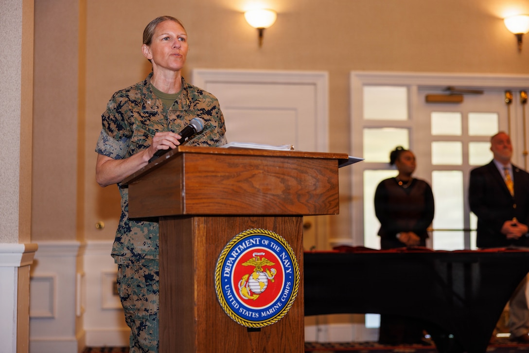 U.S. Marine Corps Col. Jenny Colegate, the commanding officer of Marine Corps Base Quantico, addresses the audience during the Civilian Quarterly Awards Ceremony at The Clubs at Quantico on MCB Quantico, Virginia, April 23, 2026. This ceremony recognizes the base’s civilian employees for their commendatory work during the previous quarter and year. (U.S. Marine Corps photo by Lance Cpl. Federico Marquez)
