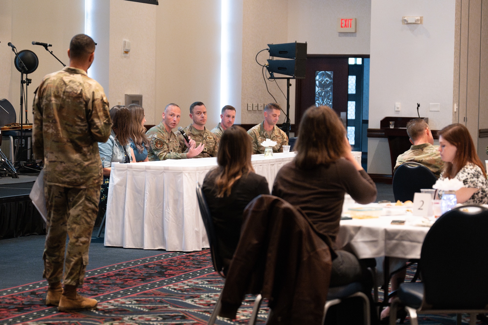 Panelists speak during a Commander’s Key Liaison appreciation event at the Scott Event Center on Scott Air Force Base, Illinois, April 28, 2026.