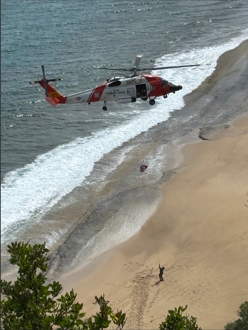 A Coast Guard MH-60T Jayhawk aircrew, U.S. Border Patrol, CG Base Borinquen personnel and local agency responders medevac five migrant aliens following an unlawful migration voyage vessel landing at Survival Beach in Aguadilla, Puerto Rico, April 29, 2026.