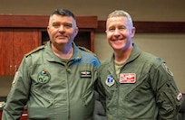 Romanian Air Force Commander Lt. Gen. Leonard Baraboi, left, and Col. John D. Caldwell, commander of the 187th Fighter Wing, Alabama Air National Guard, meet April 9, 2026, at Dannelly Field, Alabama.