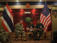 Royal Thai Army Senior Colonel Teeragut Sengrod, commander of the 11th Infantry Division, Royal Thai Army, or RTA, meets with U.S. Air Force Maj. Gen. Gent Welsh, the adjutant general of the Washington National Guard, at an RTA base in Chon Buri, Thailand, April 10, 2026.