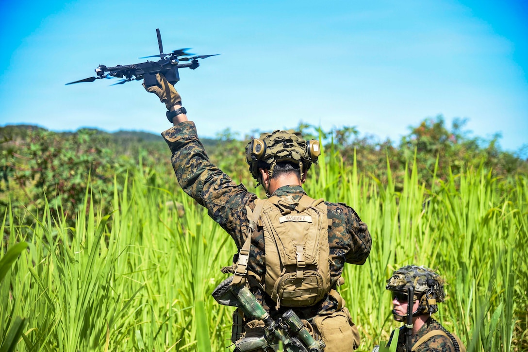 A Marine lifts a drone into a blue sky near tall grass as a seated Marine watches.