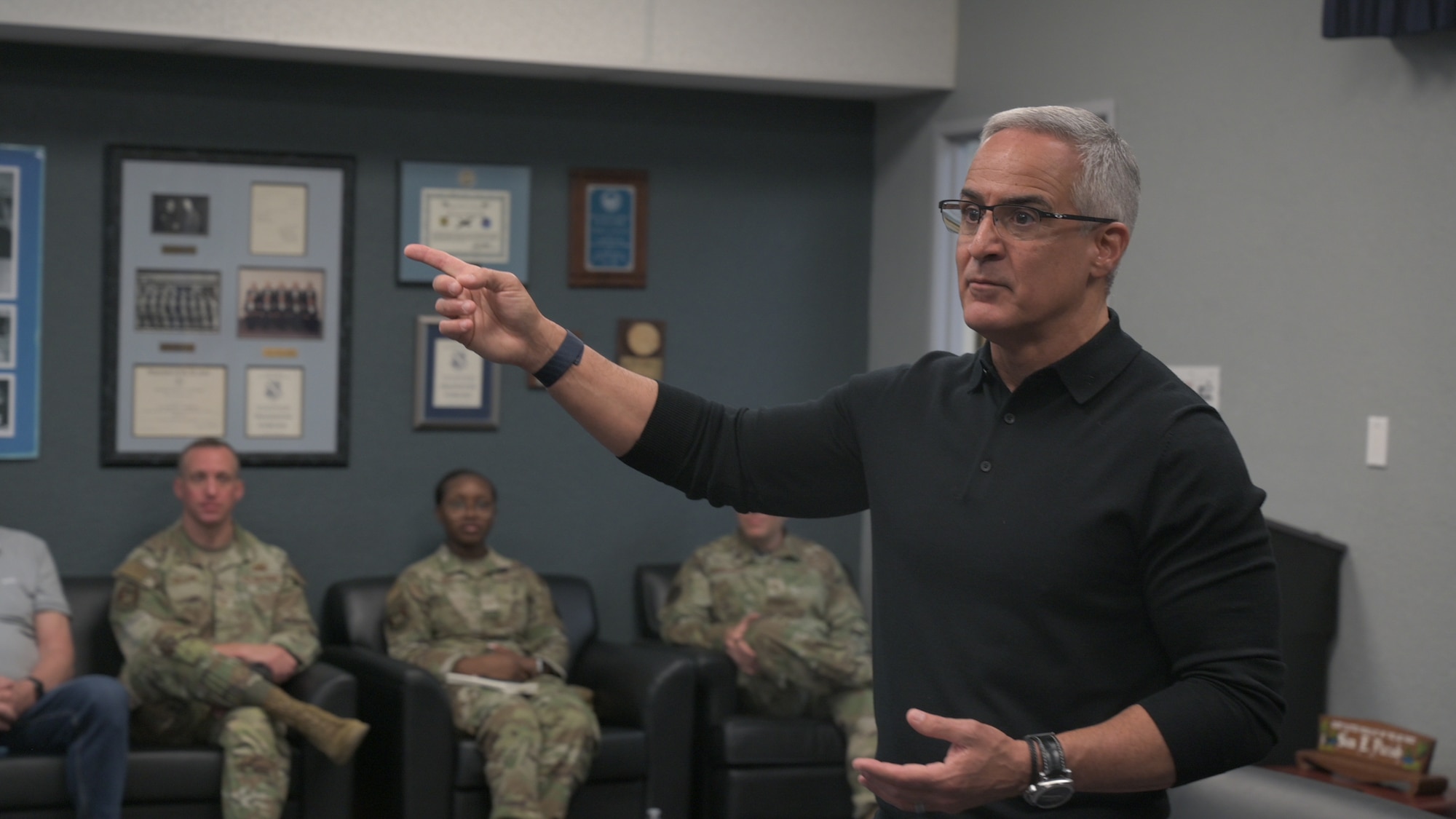 U.S. Air Force Senior Enlisted Advisor to the Chairman (Ret.) Ramón "CZ" Colón-López speaks to Airman Leadership School students during a visit to Kirtland Air Force Base, New Mexico, April 30, 2026. Colón-López, a career Pararescueman (PJ), the fourth Senior Enlisted Advisor to the Chairman (SEAC), and former USAF PJ/Combat Rescue Officer School Commandant from November 2006 to April 2009, visited the schoolhouse to offer perspective on military professionalism and personal accountability to the base's future noncommissioned officers. (U.S. Air Force photo by Airman Maurice Casilla)