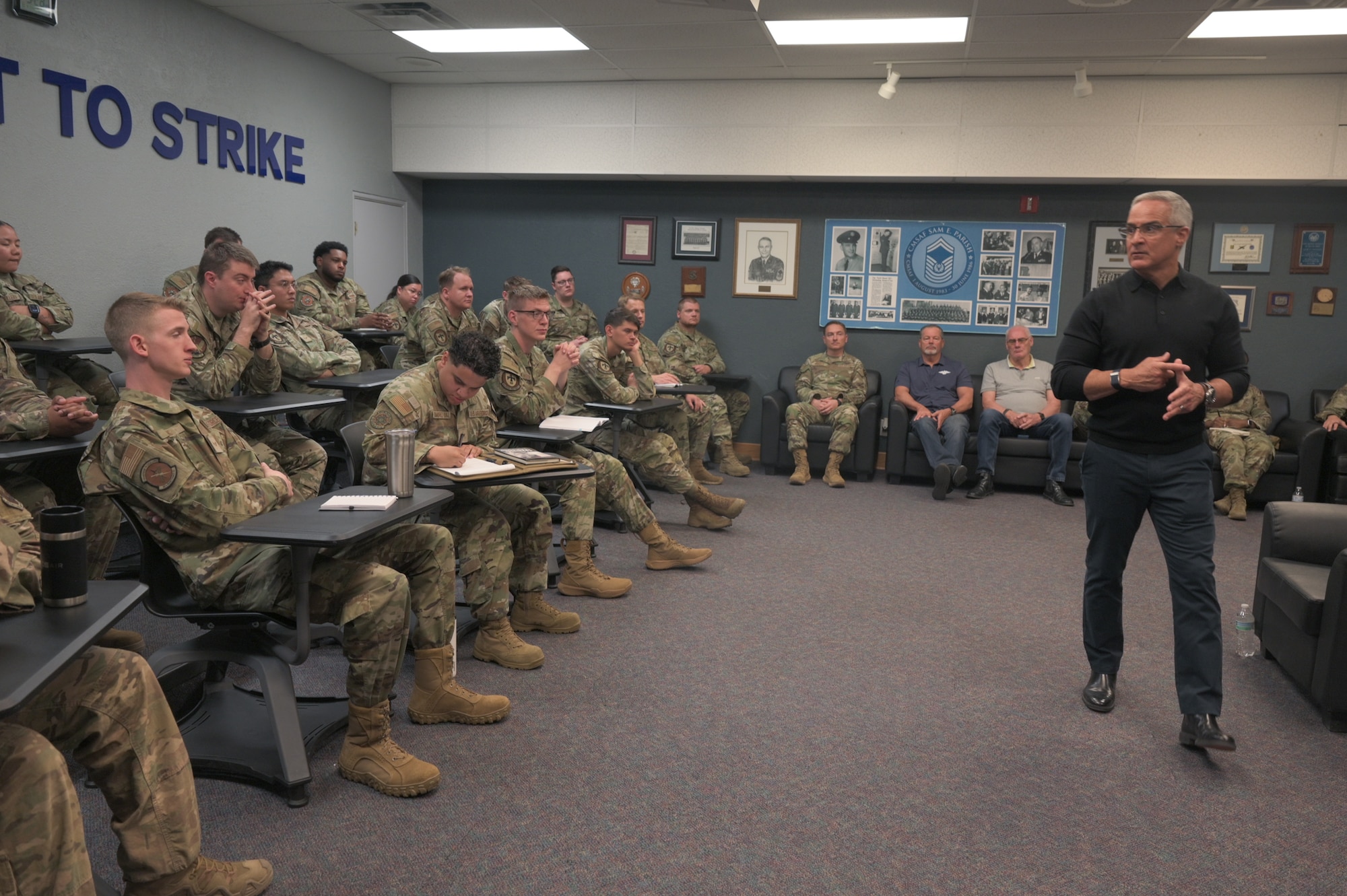U.S. Air Force Senior Enlisted Advisor to the Chairman (Ret.) Ramón "CZ" Colón-López shakes hands with a student at the Airman Leadership School during a visit to Kirtland Air Force Base, New Mexico, April 30, 2026. Colón-López, a career Pararescueman (PJ), the fourth Senior Enlisted Advisor to the Chairman (SEAC), and former PJ/Combat Rescue Officer School Commandant at Kirtland from November 2006 to April 2009, visited the school to share leadership lessons from his 33-years of active-duty service. (U.S. Air Force photo by Airman Maurice Casilla)