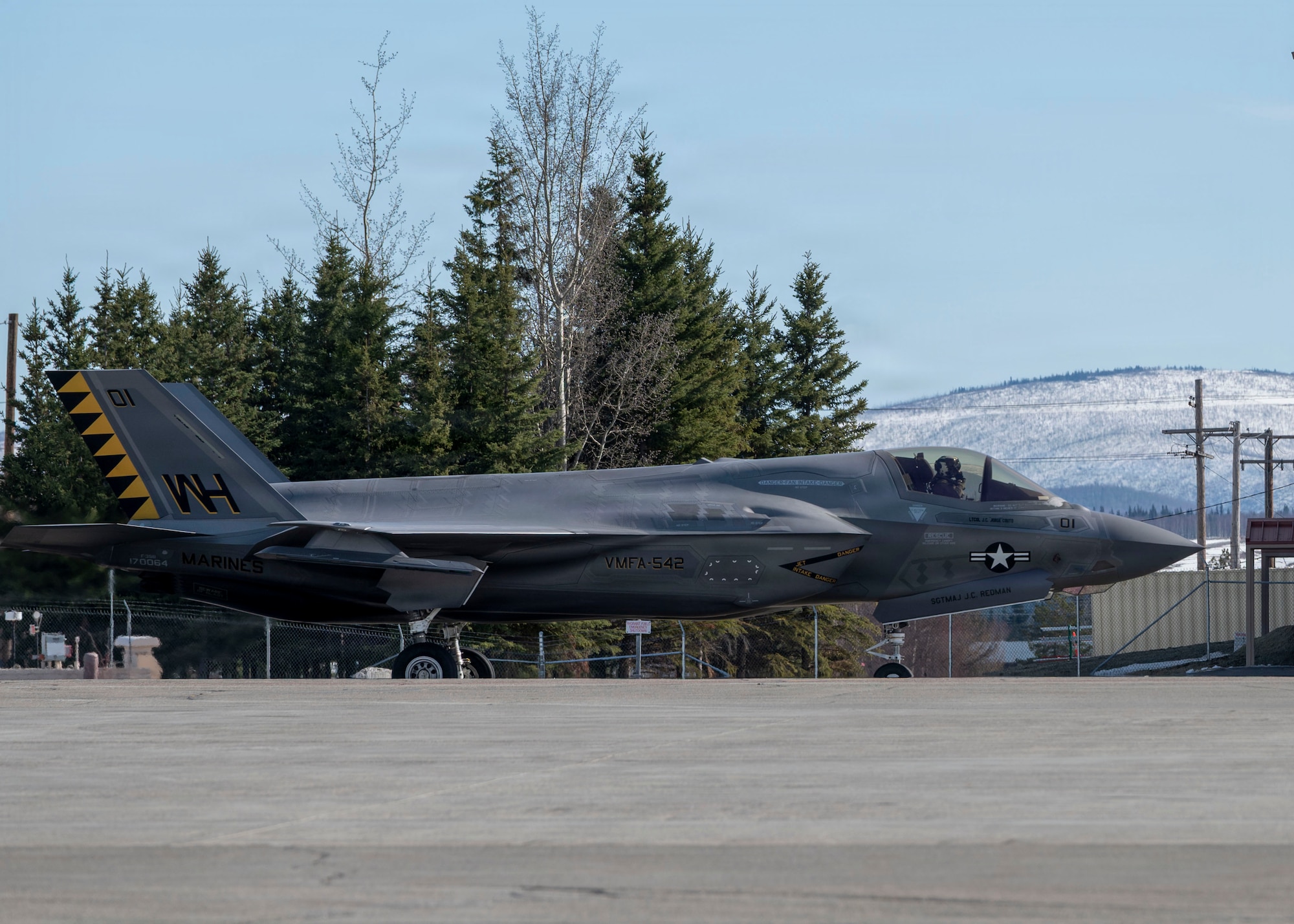 A U.S. Marine Corps pilot taxis toward the runway during RED FLAG-Alaska 26-1 at Eielson Air Force Base, Alaska, April 27, 2026.