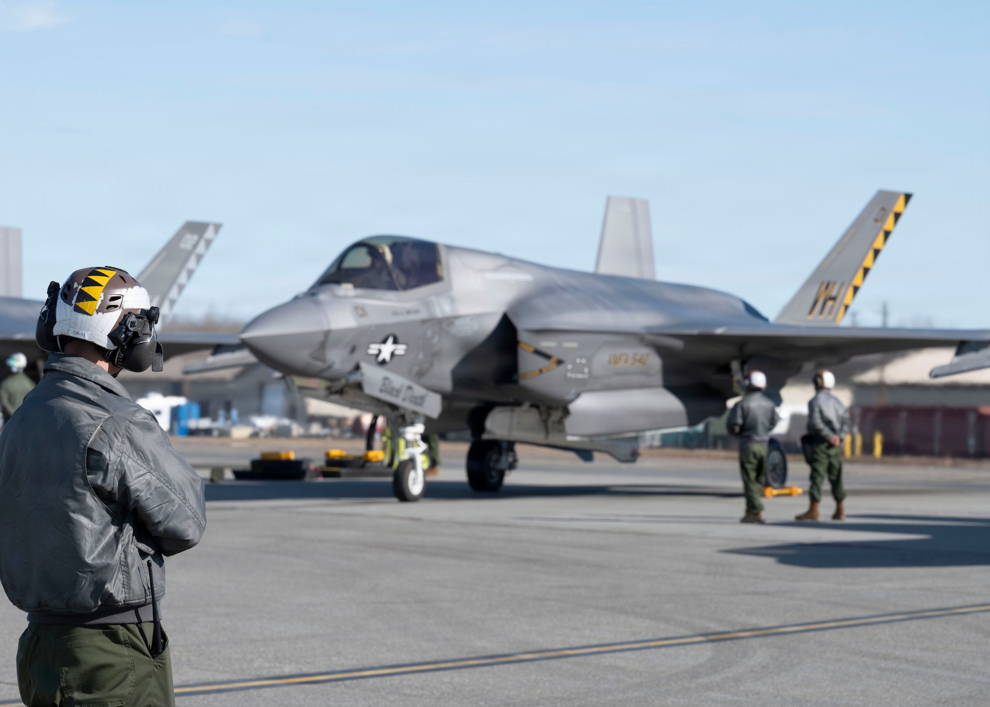 U.S. Marine Corps service members perform preflight checks on an F-35B Lightning II during RED FLAG-Alaska 26-1 at Eielson Air Force Base, Alaska, April 27, 2026.