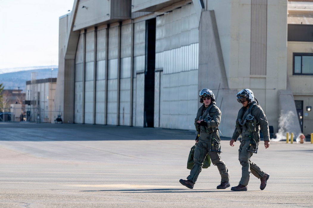 U.S. Marine Corps pilots assigned to the Marine Corps Air Station Cherry Point, North Carolina, step to their F-35B Lightning IIs during RED FLAG-Alaska 26-1 at Eielson Air Force Base, Alaska, April 27, 2026.