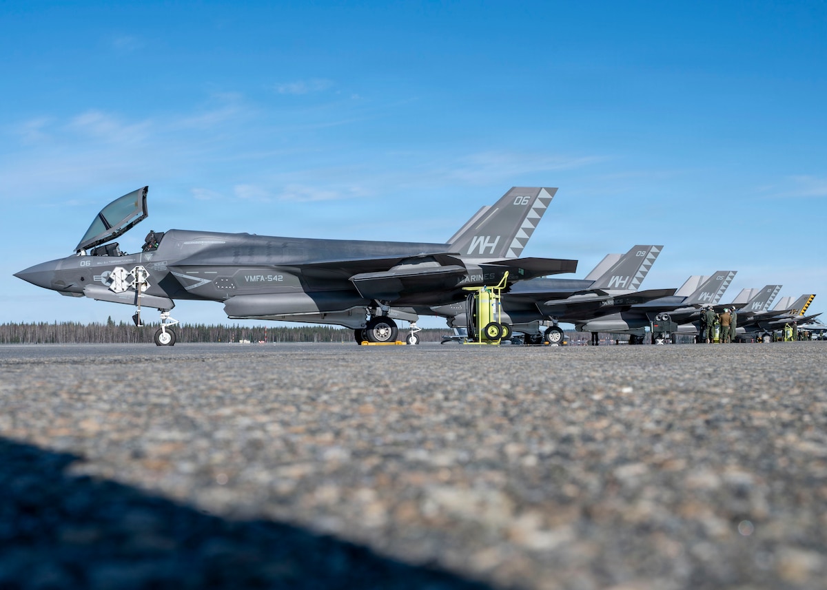 U.S. Marine Corps F-35B Lightning IIs are parked on the flight line during RED FLAG-Alaska 26-1 at Eielson Air Force Base, Alaska, April 27, 2026.