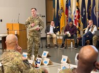 Maj. Jeremy Searles, operations chief for the U.S. Army Medical Materiel Agency, contributes his input during a rehearsal of concept, or ROC, drill held by U.S. Army Medical Logistics Command at Fort Detrick, Maryland, on Feb. 9.