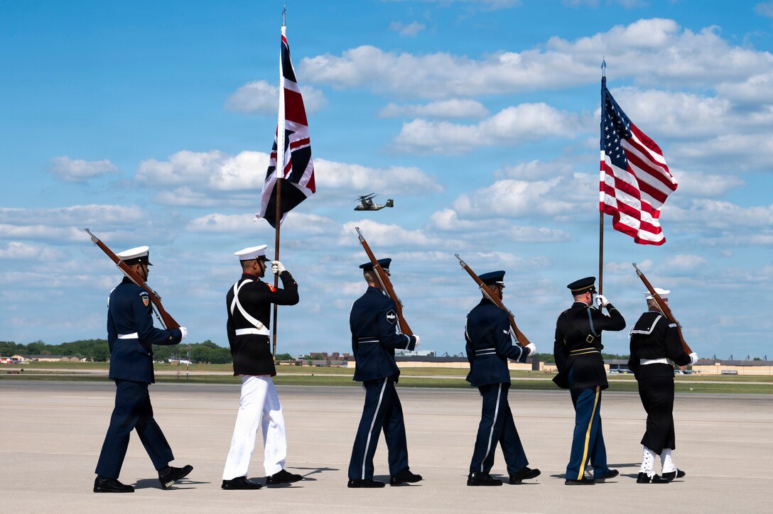 U.S. service members with an armed forces full honor cordon move into position for a departure ceremony for His Majesty of the United Kingdom of Great Britain and Northern Ireland, King Charles III, at Joint Base Andrews, Maryland, April 30, 2026. The ceremony marked the conclusion of the first royal state visit to the United States following His Majesty’s ascension to the throne. (U.S. Air Force photo by Staff Sgt. Alex Broome)