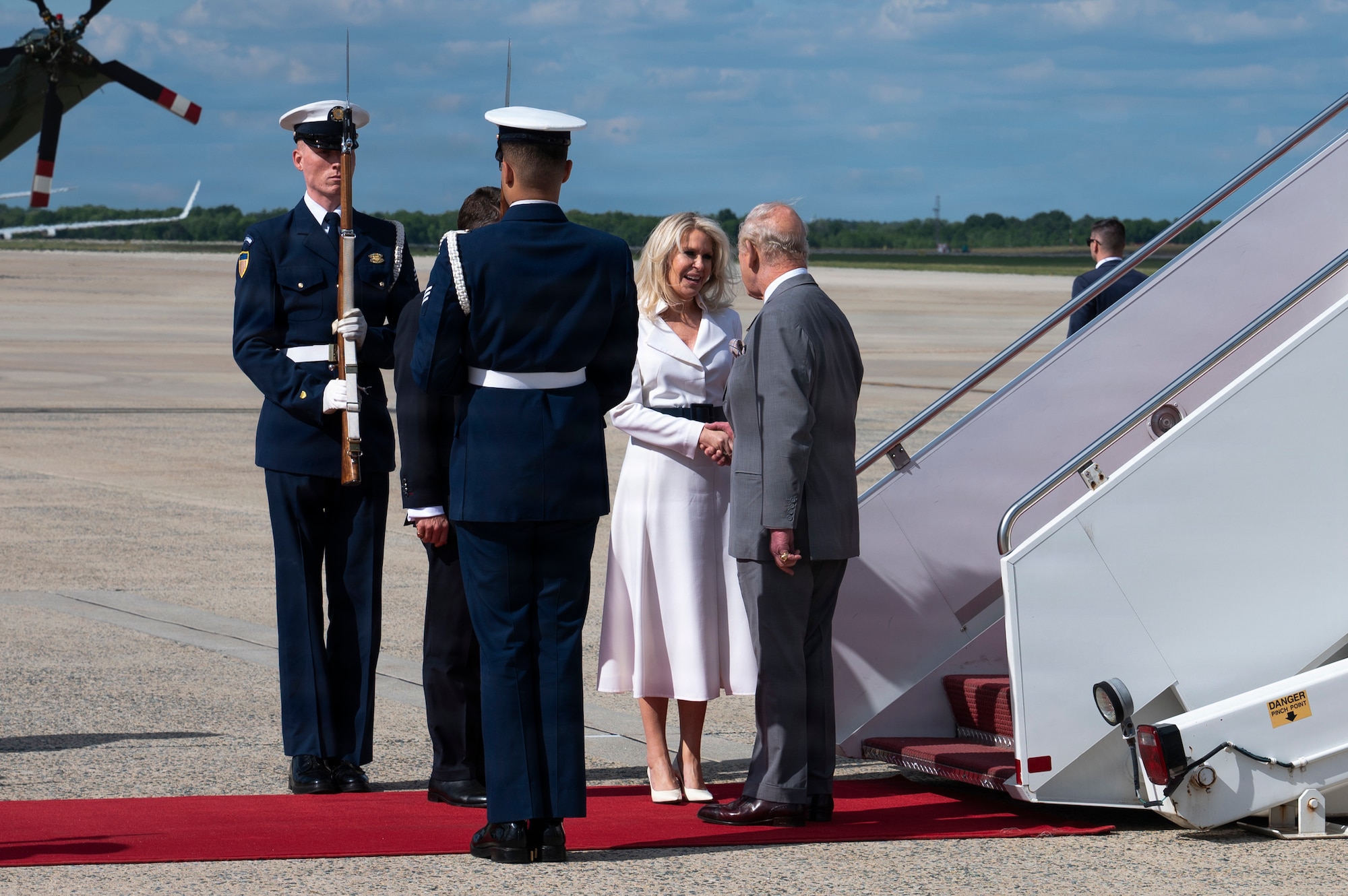 U.S. service members with an armed forces full honor cordon and Soldiers with the U.S. Army Band stand at attention next to a United Kingdom aircraft during a departure ceremony for His Majesty of the United Kingdom of Great Britain and Northern Ireland, King Charles III at Joint Base Andrews, Maryland, April 30, 2026. The ceremony marked the conclusion of the first royal state visit to the United States following His Majesty’s ascension to the throne. (U.S. Air Force photo by Staff Sgt. Alex Broome)