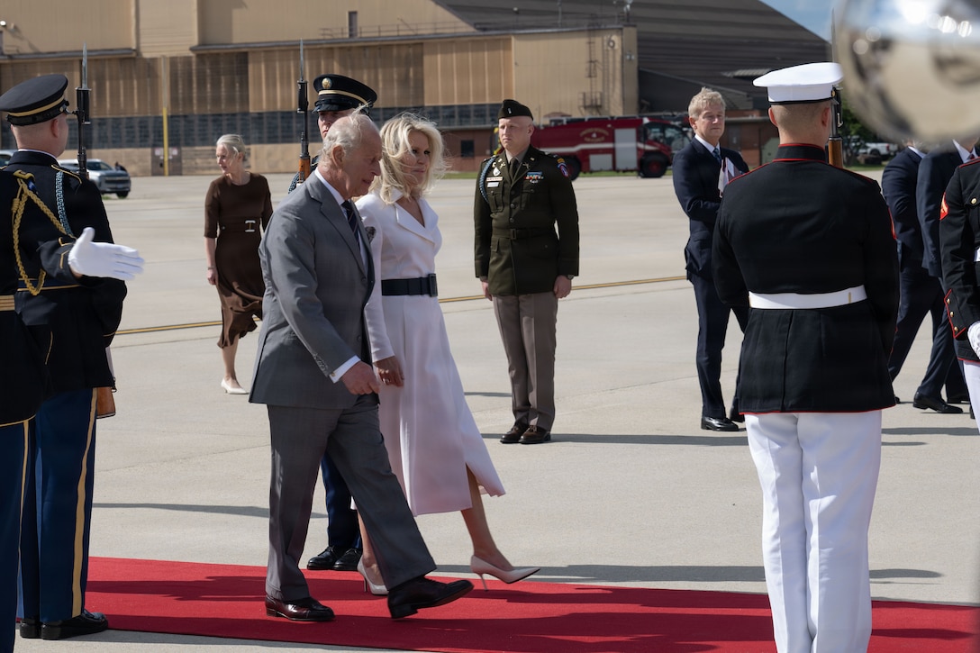 His Majesty of the United Kingdom of Great Britain and Northern Ireland, King Charles III, left, and Chief of Protocol of the United States Monica Crowley walk down a red carpet during a military departure ceremony at Joint Base Andrews, Maryland, April 30, 2026. The ceremony marked the conclusion of the first royal state visit to the U.S. since His Majesty’s ascension to the throne. (U.S. Air Force photo by Airman 1st Class Mauricio Hidalgo)