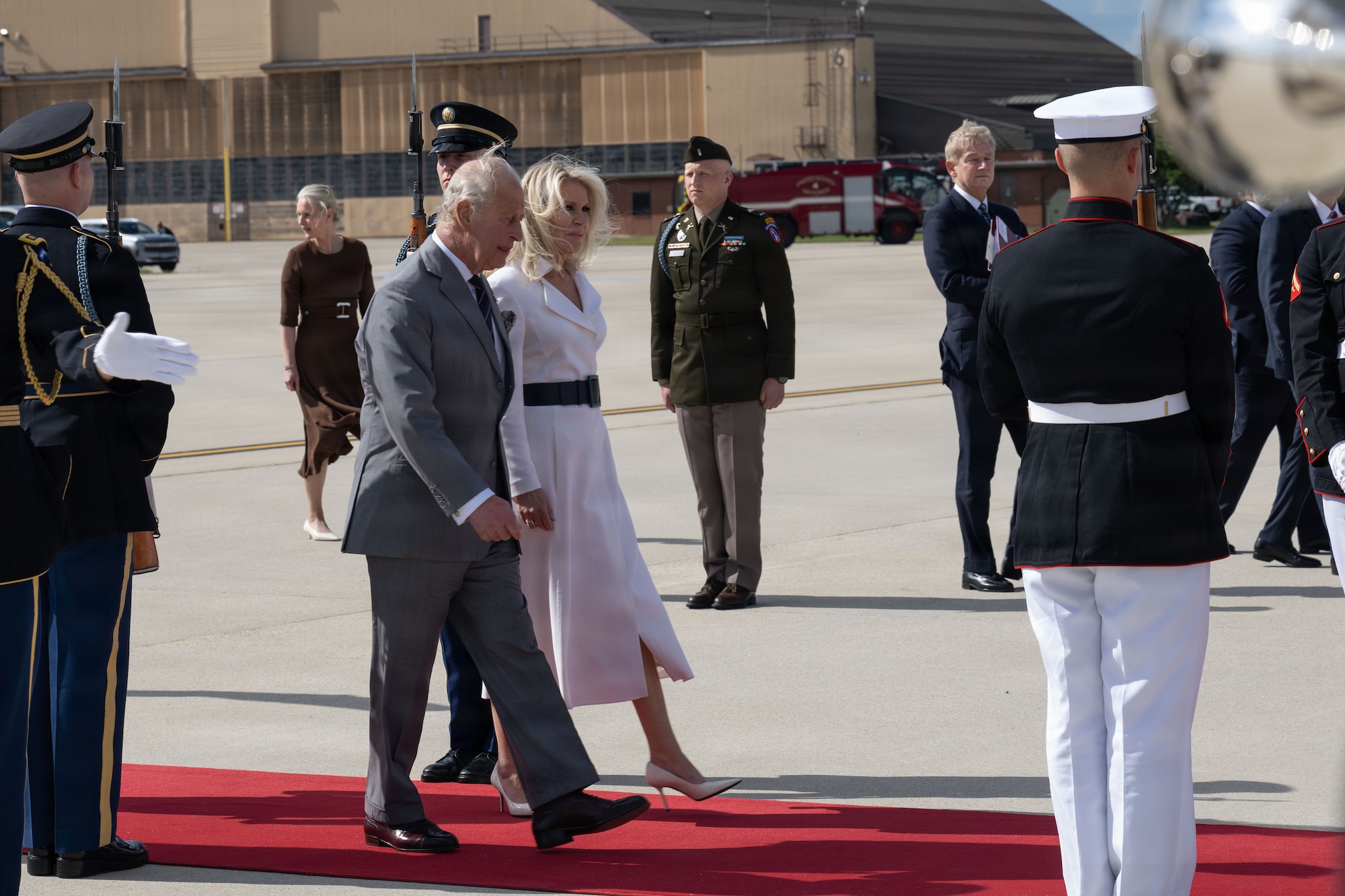 His Majesty of the United Kingdom of Great Britain and Northern Ireland, King Charles III, left, and Chief of Protocol of the United States Monica Crowley walk down a red carpet during a military departure ceremony at Joint Base Andrews, Maryland, April 30, 2026. The ceremony marked the conclusion of the first royal state visit to the U.S. since His Majesty’s ascension to the throne. (U.S. Air Force photo by Airman 1st Class Mauricio Hidalgo)