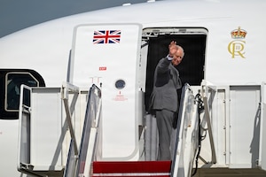 His Majesty of the United Kingdom of Great Britain and Northern Ireland, King Charles III, waves goodbye during a departure ceremony at Joint Base Andrews, Maryland, April 30, 2026. The ceremony marked the conclusion of the first royal state visit to the United States following His Majesty’s ascension to the throne. (U.S. Air Force photo by Tech. Sgt. Isaac March)