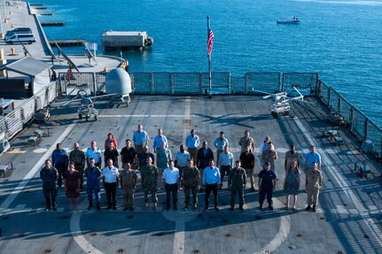 U.S. Marine Gen. Francis L. Donovan, commander of U.S. Southern Command and Rear Adm. Carlos Sardiello, commander of U.S. Naval Forces Southern Command/U.S. 4th Fleet, along with senior executive services representatives and partner nation officials stand for a group photo during FLEX 2026 on April 29, 2026.