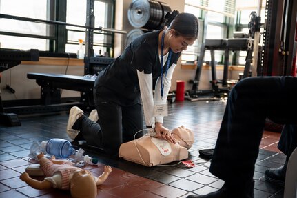 A photo of Rihanna Freeman, a student at the Stafford Medical Center, performing CPR on a manikin during a SkillsUSA competition at the Vermont Air National Guard base in South Burlington, VT, April 8, 2026.