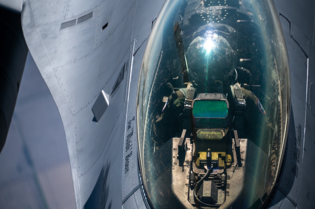 Iowa Air National Guard Airmen assigned to the 185th Air Refueling Wing refuel F-16 Fighting Falcons from the 114th Fighter Wing using a KC-135 Stratotanker during a training mission over the Midwest, May 1, 2026. Aerial refueling extends the range and endurance of military aircraft, enabling global mobility operations.