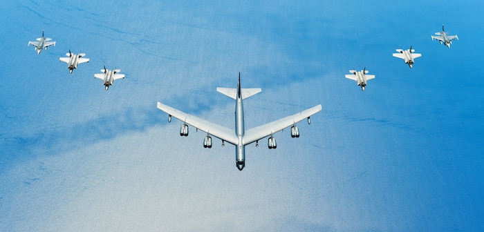 U.S. and Italian Air Forces aircraft consisting of F-35 Lightning IIs, F-16 Fighting Falcons, and a B-52 Stratofortress, fly in formation over the Adriatic Sea during Astral Knight 19, June 4, 2019. Astral Knight is an exercise taking place throughout various locations in Europe, involving over 900 Airmen and supports the collective defense and security of NATO allies and U.S. forces in Europe. (U.S. Air Force photo by Staff Sgt. Joshua R. M. Dewberry)