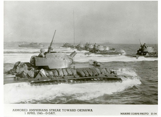 U.S. Marine Corps armored amphibian tractors (LVT(A)s) move toward shore during the opening phase of the Battle of Okinawa on April 1, 1945. The invasion marked the largest amphibious assault in the Pacific Theater, with U.S. forces landing in strength to establish a foothold on the island. (U.S. Marine Corps photo)