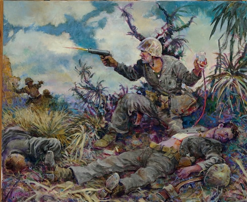 A painting by Col. Charles H. Waterhouse depicts Hospital Apprentice First Class Robert E. Bush providing aid to a wounded Marine while under enemy fire during the Battle of Okinawa in 1945. Bush, a U.S. Navy hospital corpsman, continued treating casualties after being wounded, actions for which he was later awarded the Medal of Honor. (U.S. Marine Corps art by Col. Charles H. Waterhouse)